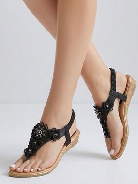 Duo Mei Zu Yuan Womens 10 Thong Slingback Sandals Black‎ Tan Rhinestones Floral